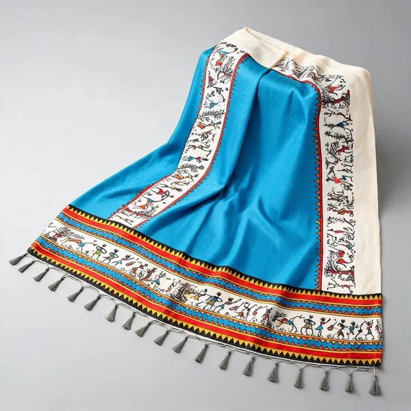 Cotton_Silk_Warli_Digital_Print_Dupatta_With_Tassels_Sky_Blue