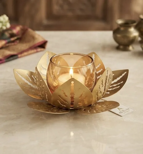 ArtiKa_India_Lotus_Tea_Light_Candle_Holder_Iron_1_-_Cup_Tealight_Holder_(Gold,_Pack_of_1)