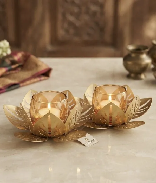 ArtiKa_India_Lotus_Tea_Light_Candle_Holder_Iron_2_-_Cup_Tealight_Holder_(Gold,_Pack_of_2)
