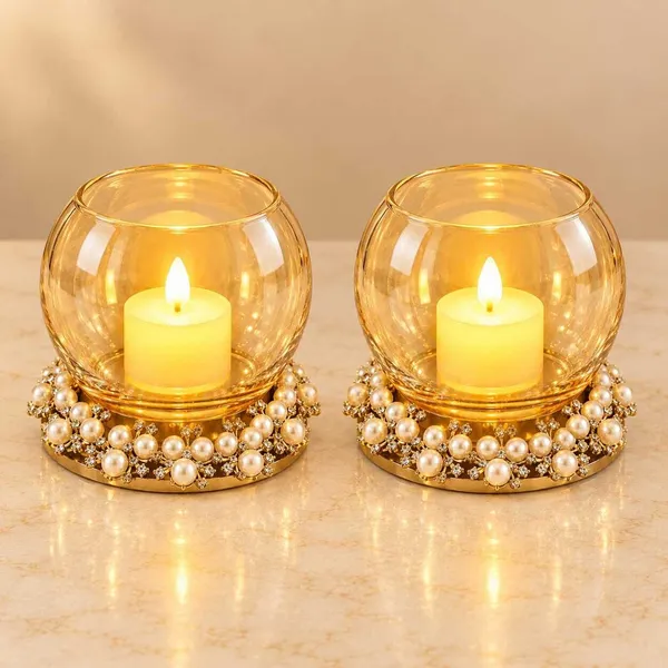 ArtiKa_India_Wooden_Base_Tealight_holder_Pack_of_2_Wooden_2_-_Cup_Tealight_Holder_Set_(Gold,_Pack_of_2)