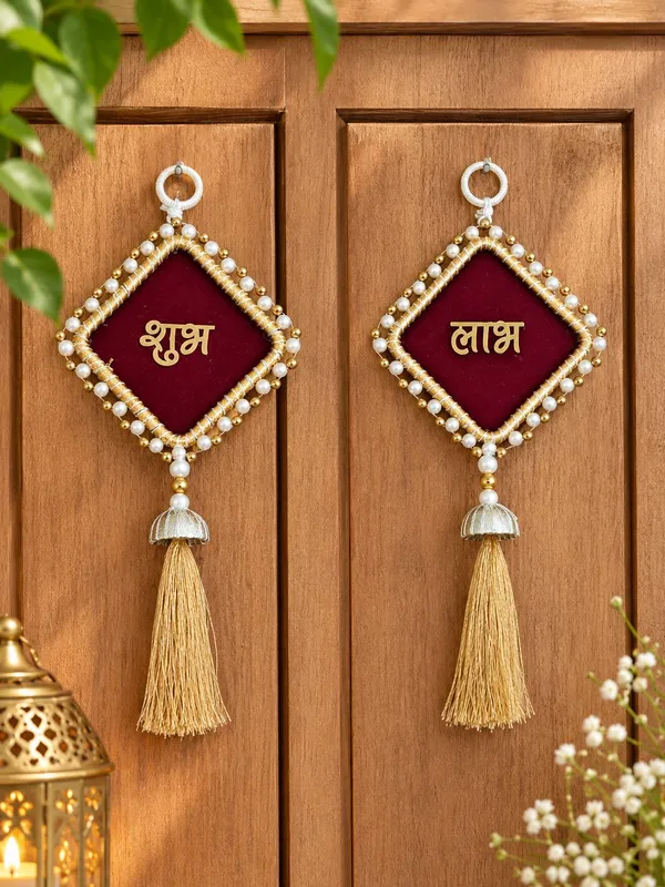 ArtiKa_India_Shubh_Labh_Mehroon_Golden_Door_Hanging_Pack_of_2_(Mehroon_Golden)
