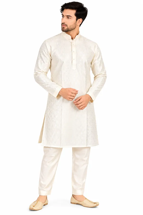 Cream_Jacquard_Straight_Kurta_For_Men