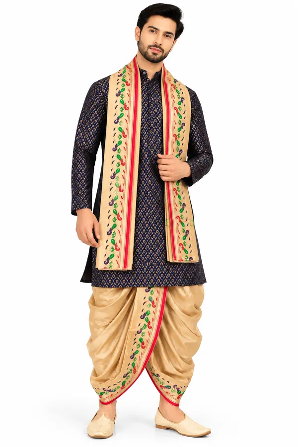 Blue_Printed_Kurta_Dhoti_Stole_Set_for_Men