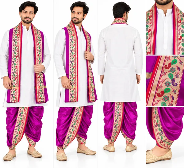White_and_Purple_Kurta_Magenta_Dhoti_Set_With_Embroidered_Stole_for_Men
