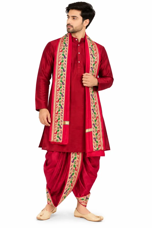 Red_Traditional_Kurta_jakart_dhoti_shilk_Set_for_Men
