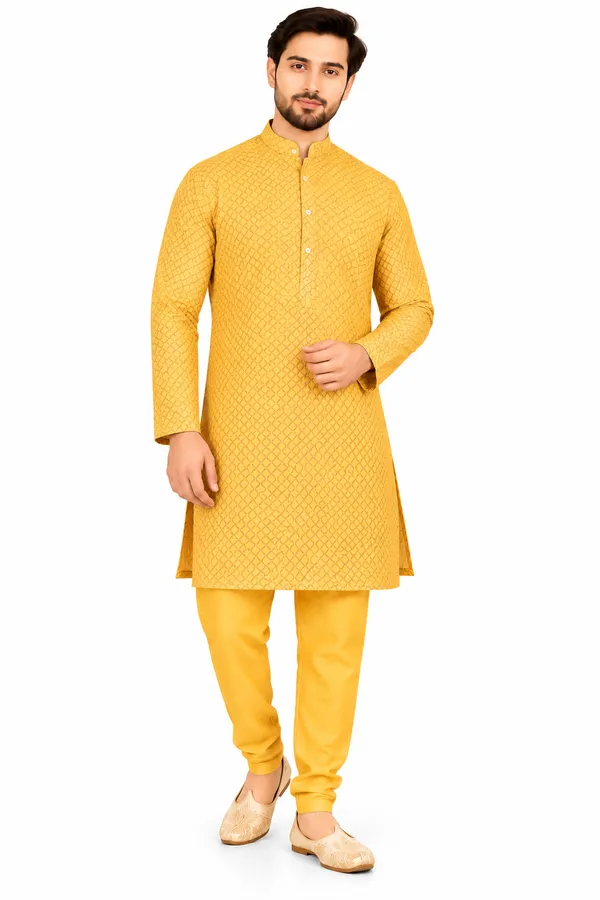 Yellow_Printed_Regular_Fit_Kurta_Pajama_Set_for_Men
