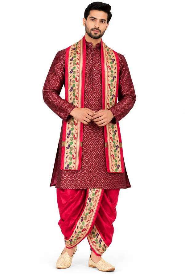 Maroon_Printed_Kurta_Dhoti_Set_for_Men