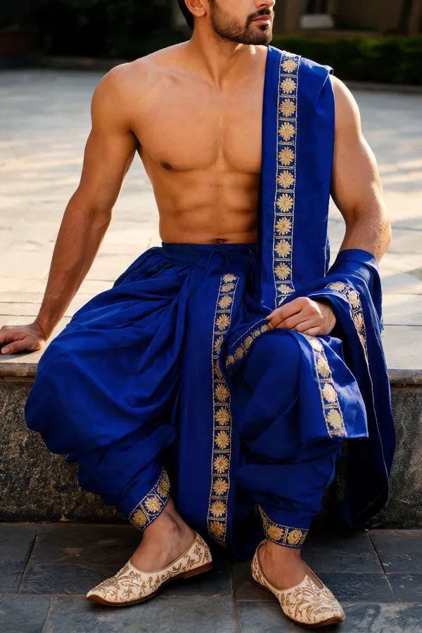 Blue_Silk_Traditional_Dhoti_With_Dupatta_For_Men