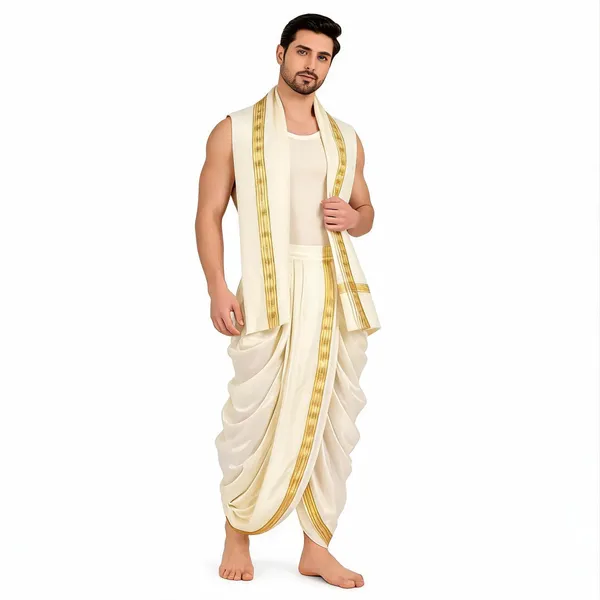 White_Cream_Silk_Traditional_Dhoti_With_Angavastram_For_Men