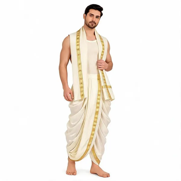 White_Cream_Silk_Traditional_Dhoti_With_Angavastram_For_Men