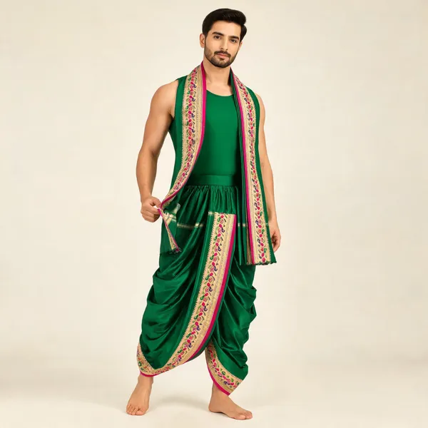 Green_Silk_Traditional_Dhoti_With_Angavastram_For_Men