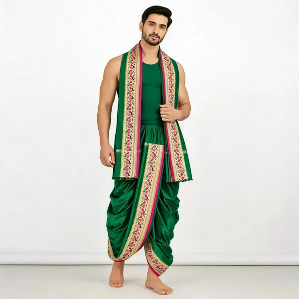 Green_Silk_Traditional_Dhoti_With_Angavastram_For_Men