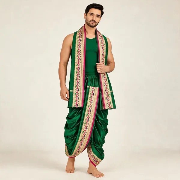 Green_Silk_Traditional_Dhoti_With_Angavastram_For_Men