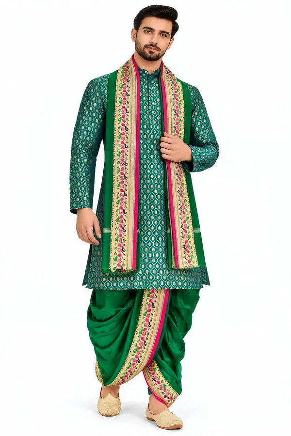 Green_Jacquard_Printed_Kurta_Dhoti_Set_For_Men