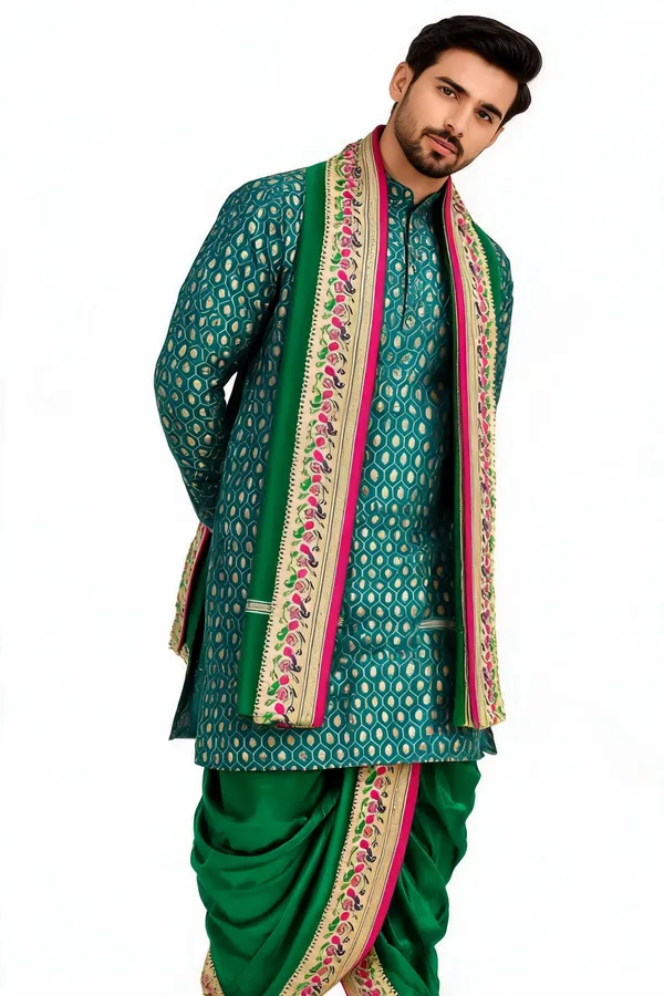 Green_Jacquard_Printed_Kurta_Dhoti_Set_For_Men