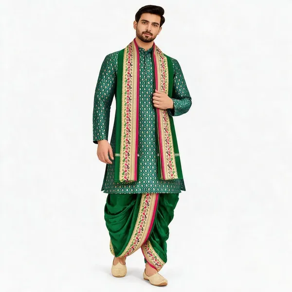 Green_Jacquard_Printed_Kurta_Dhoti_Set_For_Men