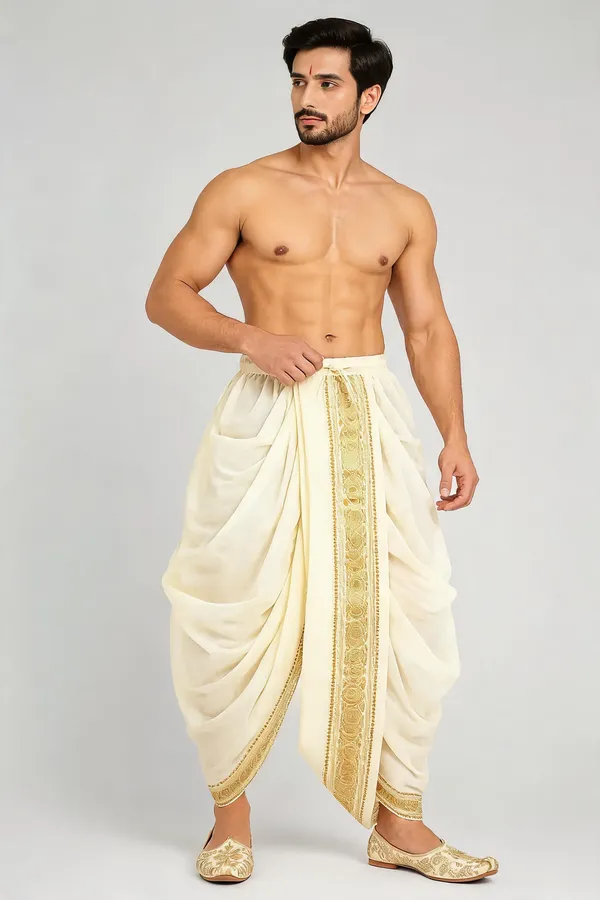Cream_Silk_Gold_Border_Traditional_Dhoti_For_Men