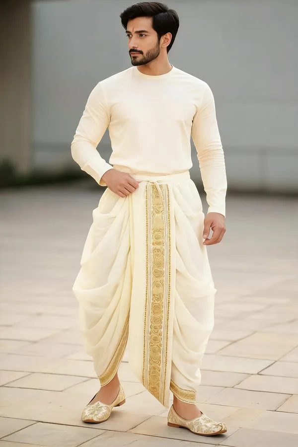 Cream_Silk_Gold_Border_Traditional_Dhoti_For_Men