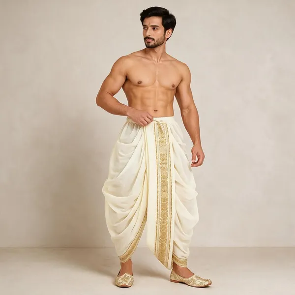 Cream_Silk_Gold_Border_Traditional_Dhoti_For_Men