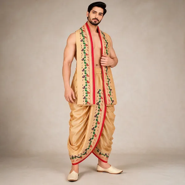 Cream_Silk_Traditional_Dhoti_Dupatta_Set_For_Men
