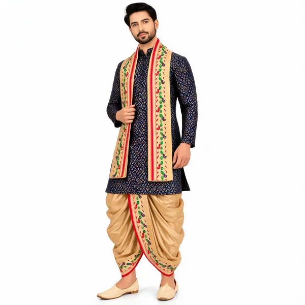 Blue_Jacquard_Printed_Kurta_Dhoti_Set_For_Men