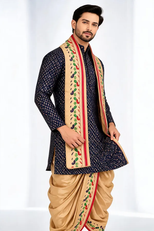 Blue_Jacquard_Printed_Kurta_Dhoti_Set_For_Men