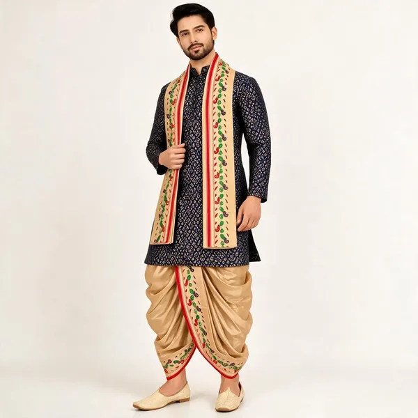 Blue_Jacquard_Printed_Kurta_Dhoti_Set_For_Men