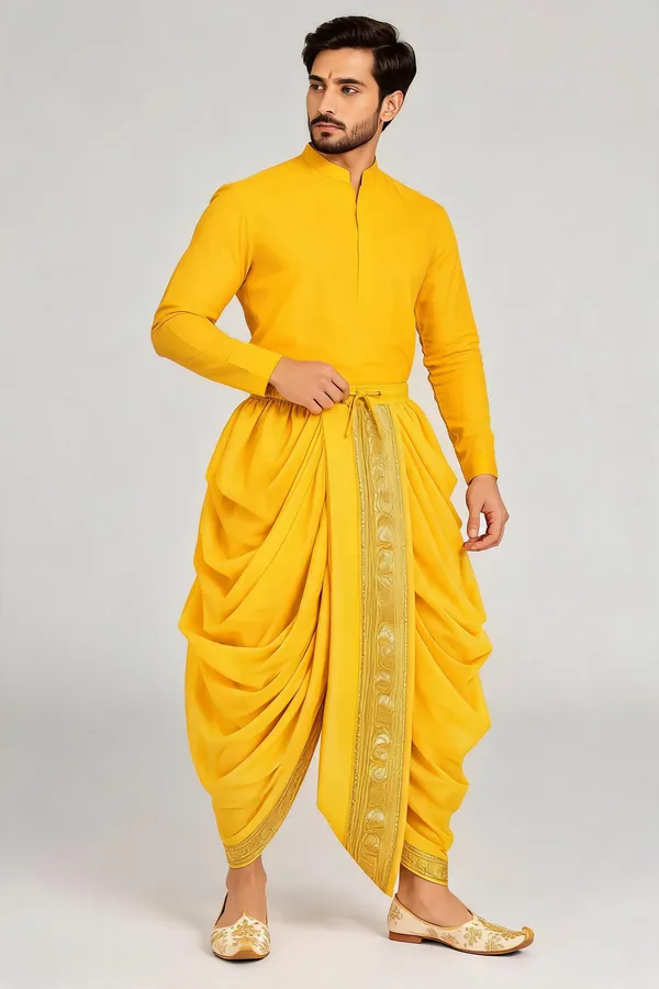 Yellow_Silk_Gold_Border_Traditional_Dhoti_For_Men