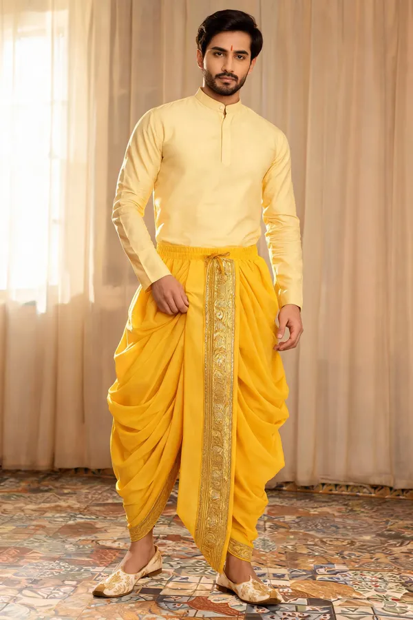 Yellow_Silk_Gold_Border_Traditional_Dhoti_For_Men
