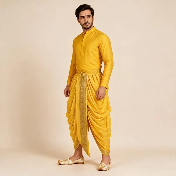 Yellow_Silk_Gold_Border_Traditional_Dhoti_For_Men
