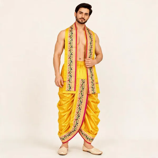 Yellow_Silk_Embroidered_Dhoti_Dupatta_Set_For_Men