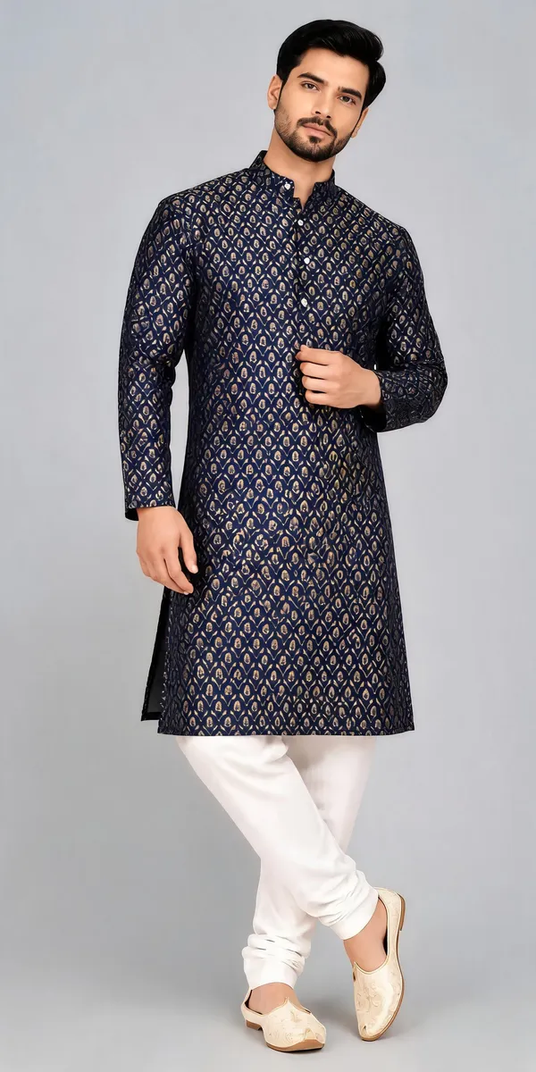 Navy_Blue_Jacquard_Printed_Straight_Kurta_Pajama_For_Men
