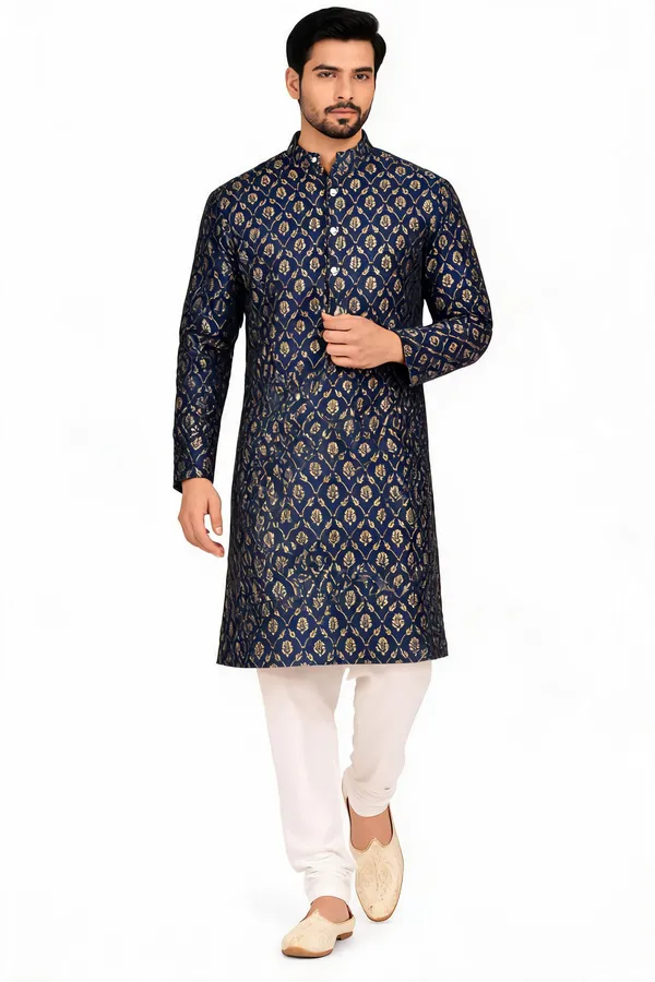 Navy_Blue_Jacquard_Printed_Straight_Kurta_Pajama_For_Men