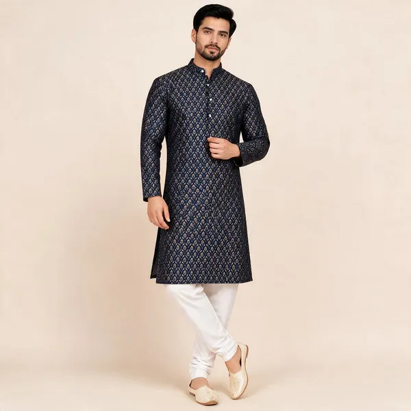 Navy_Blue_Jacquard_Printed_Straight_Kurta_Pajama_For_Men