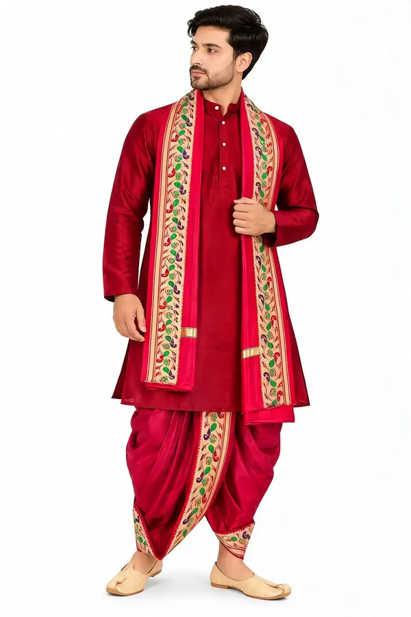 Red_Jacquard_Traditional_Kurta_Dhoti_Set_For_Men