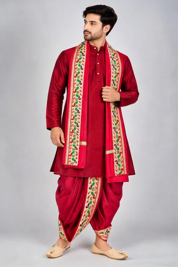 Red_Jacquard_Traditional_Kurta_Dhoti_Set_For_Men