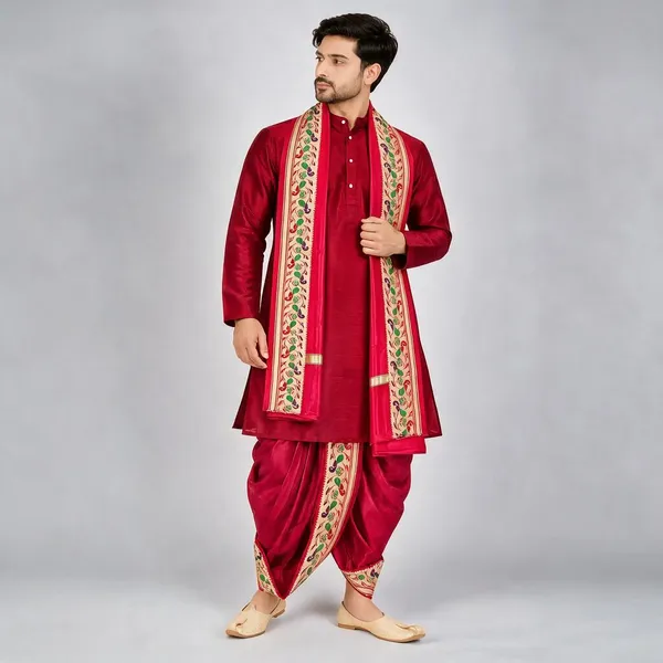 Red_Jacquard_Traditional_Kurta_Dhoti_Set_For_Men