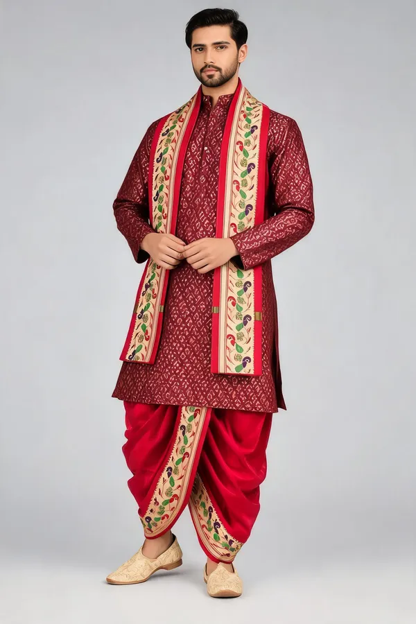 Maroon_Jacquard_Printed_Kurta_Dhoti_Set_For_Men