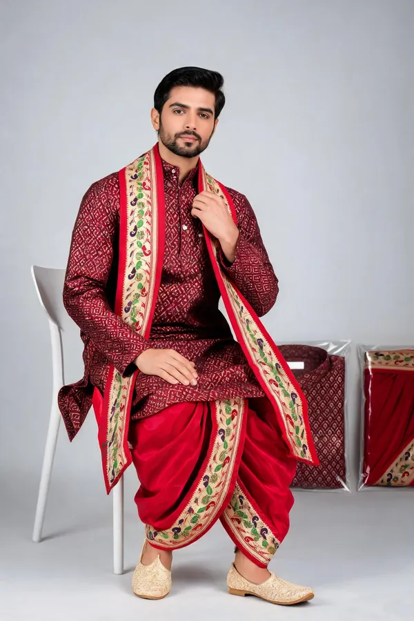 Maroon_Jacquard_Printed_Kurta_Dhoti_Set_For_Men