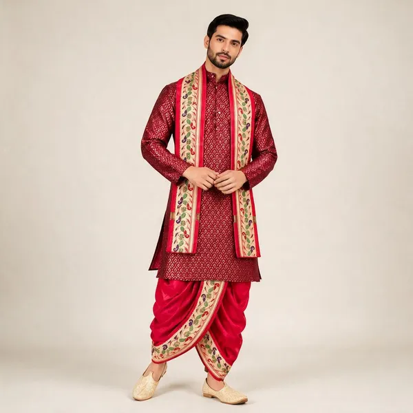Maroon_Jacquard_Printed_Kurta_Dhoti_Set_For_Men