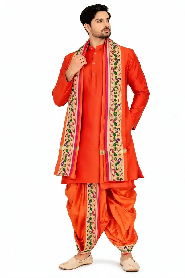 Orange_Slub_Traditional_Kurta_Dhoti_Set_For_Men
