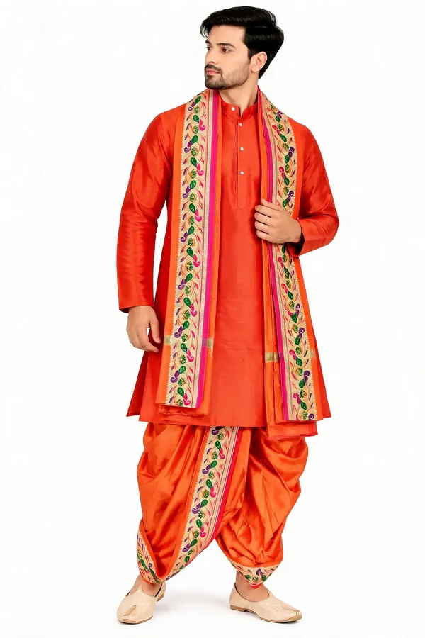 Orange_Slub_Traditional_Kurta_Dhoti_Set_For_Men