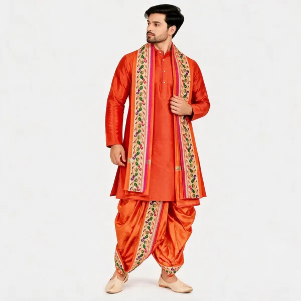 Orange_Slub_Traditional_Kurta_Dhoti_Set_For_Men