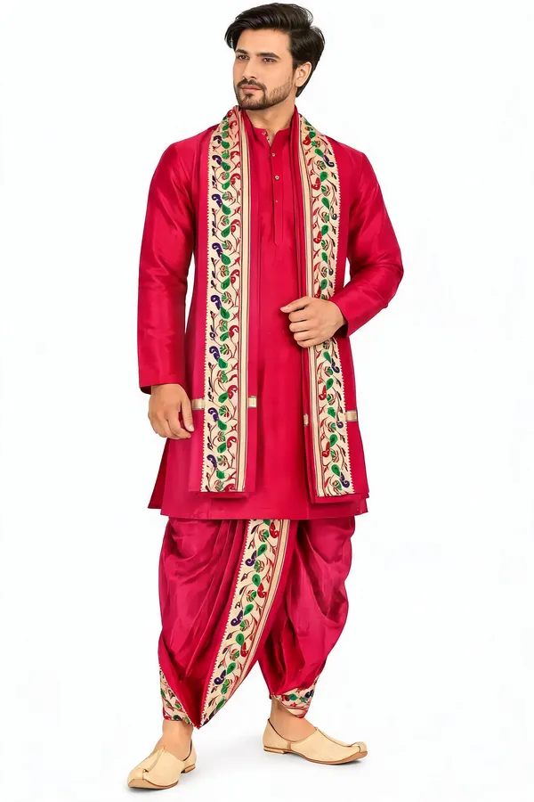 Red_Slub_Traditional_Kurta_Dhoti_Set_For_Men
