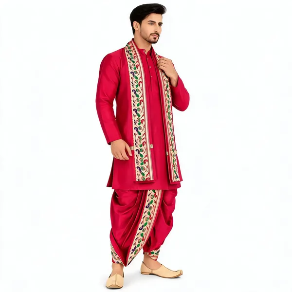 Red_Slub_Traditional_Kurta_Dhoti_Set_For_Men