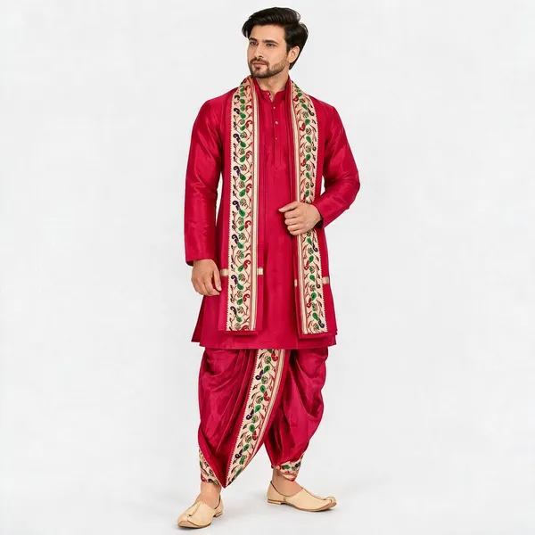 Red_Slub_Traditional_Kurta_Dhoti_Set_For_Men