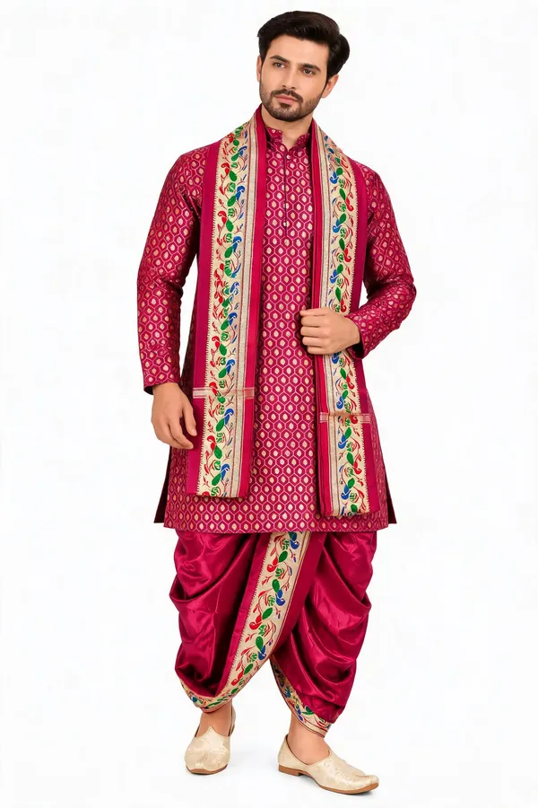Royal_Maroon_Jacquard_Printed_Kurta_Dhoti_Set_For_Men