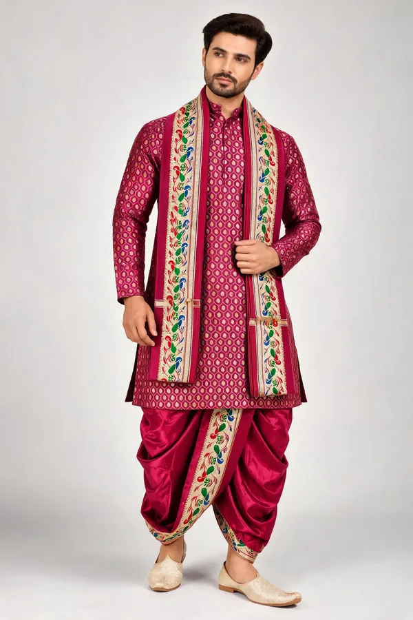 Royal_Maroon_Jacquard_Printed_Kurta_Dhoti_Set_For_Men