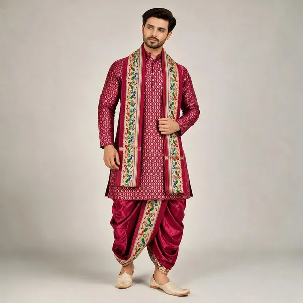 Royal_Maroon_Jacquard_Printed_Kurta_Dhoti_Set_For_Men
