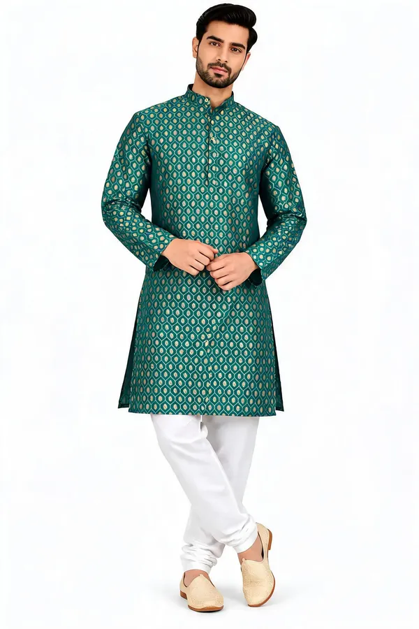 Green_Jacquard_Regular_Fit_Kurta_Pajama_Set_For_Men